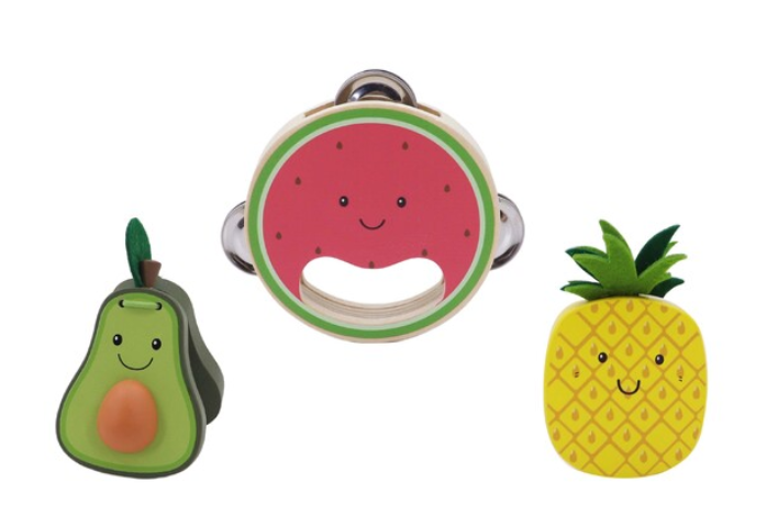 WOODEN FRUIT 3PCS MUSICAL SET WATERMELON PINEAPPLE & AVOCADO